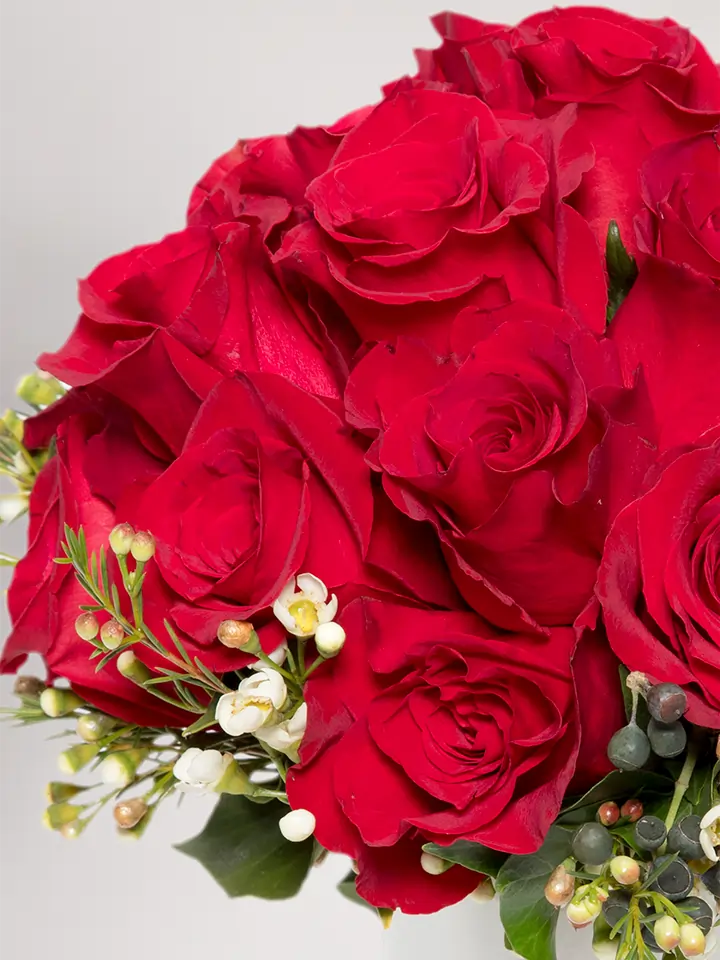 Bouquet di rose rosse e waxflowers dettagli